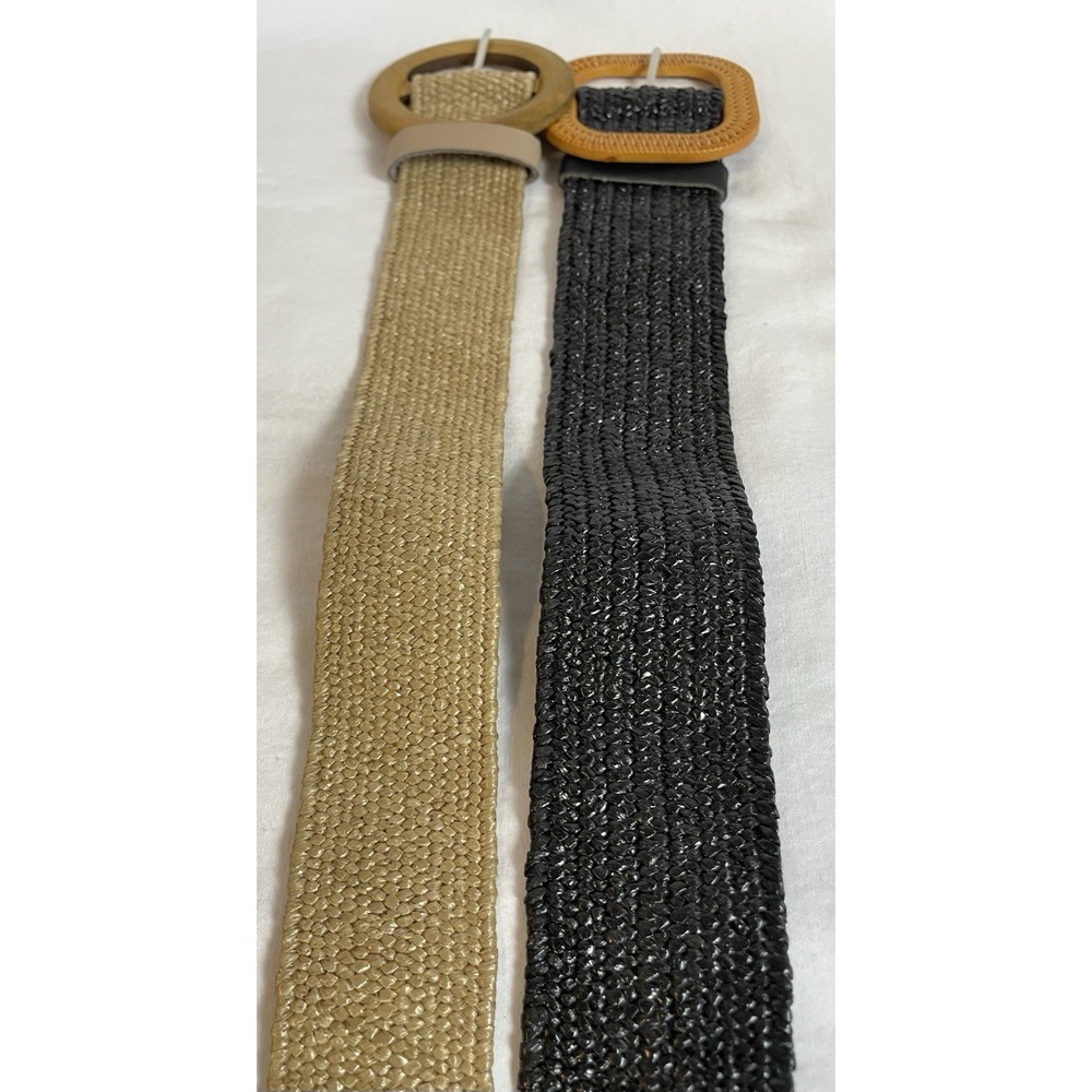 Lot Of 2 Woven Stretch Wide Belt Women's M/32 Black Beige Wooden Buckle Boho - Picture 4 of 7